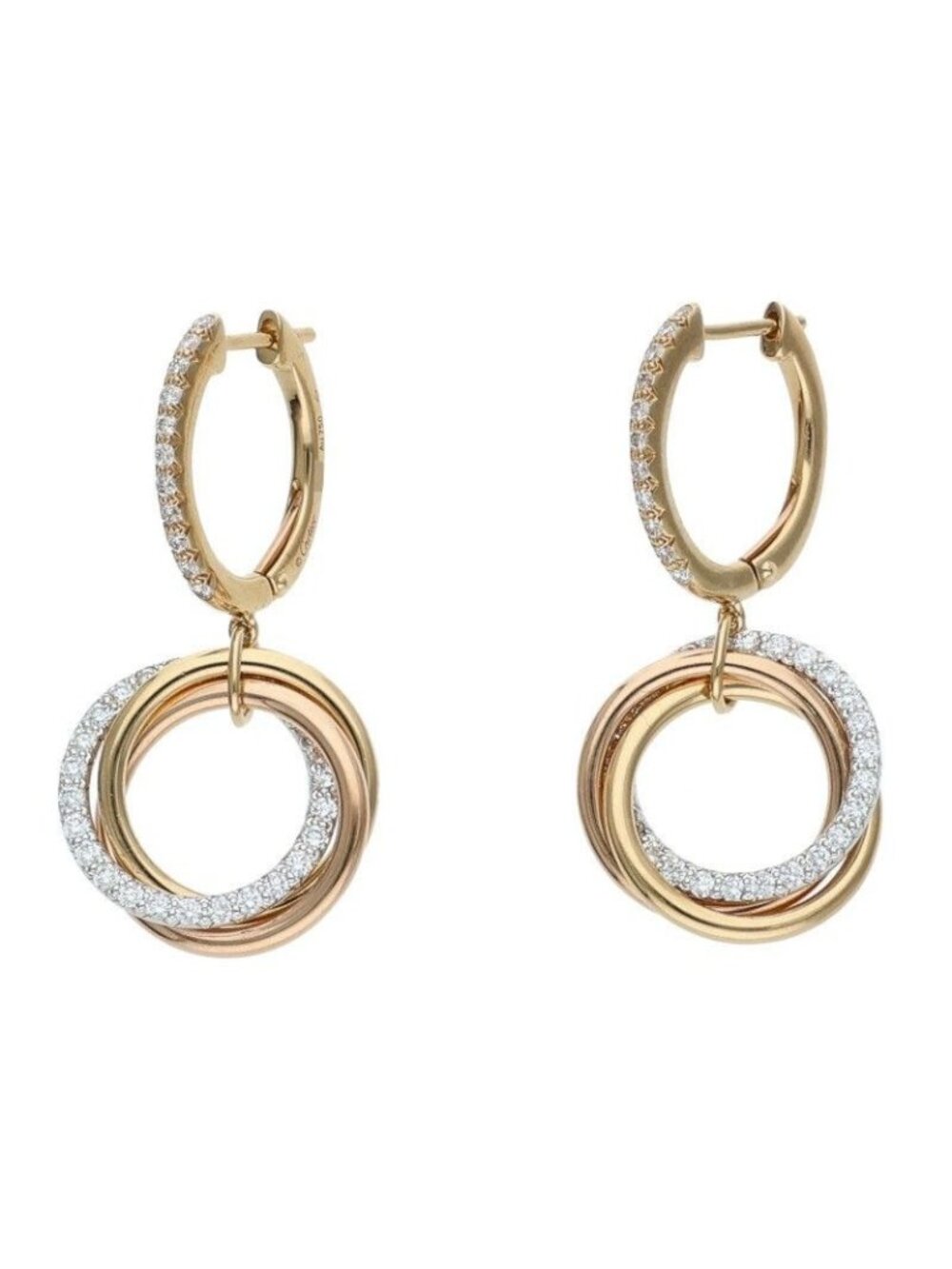 Cartier Trinity 18 Three Color Gold Semi Pave Diamond Earrings
